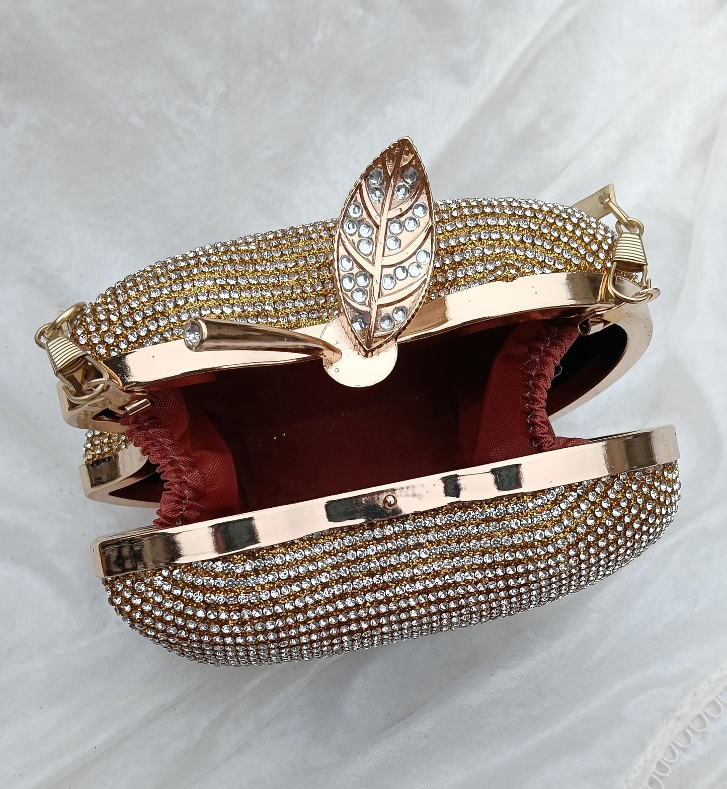 Chic Bite apple-shaped clutch in gold with crystal handle, statement evening bag by The Silken Chic