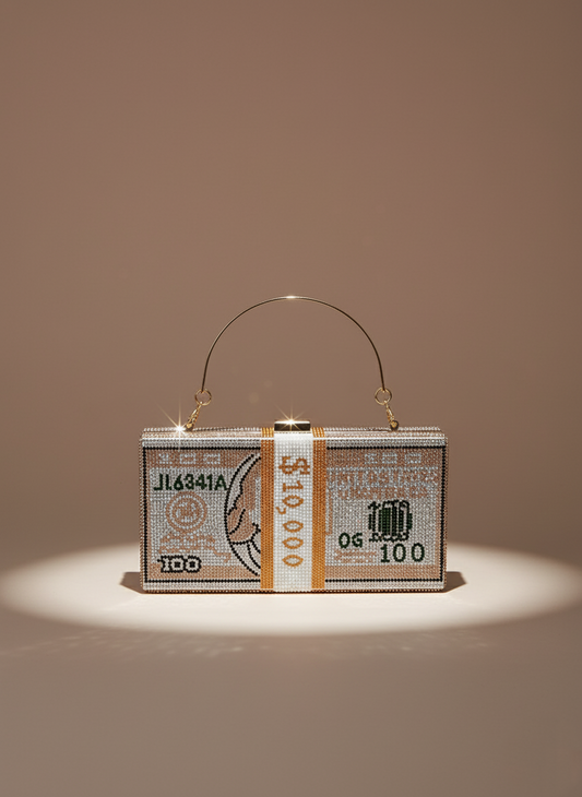 Golden Dollar Chic Clutch – dazzling crystal wedding and party bag by The Silken Chic.