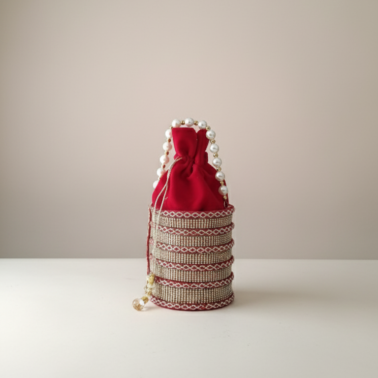 Pearl Chic Potli in red with pearl detailing by The Silken Chic