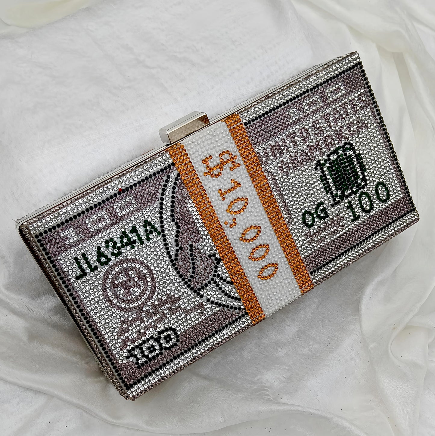 Black Dollar Chic Clutch, crystal-embellished luxury evening bag by The Silken Chic.