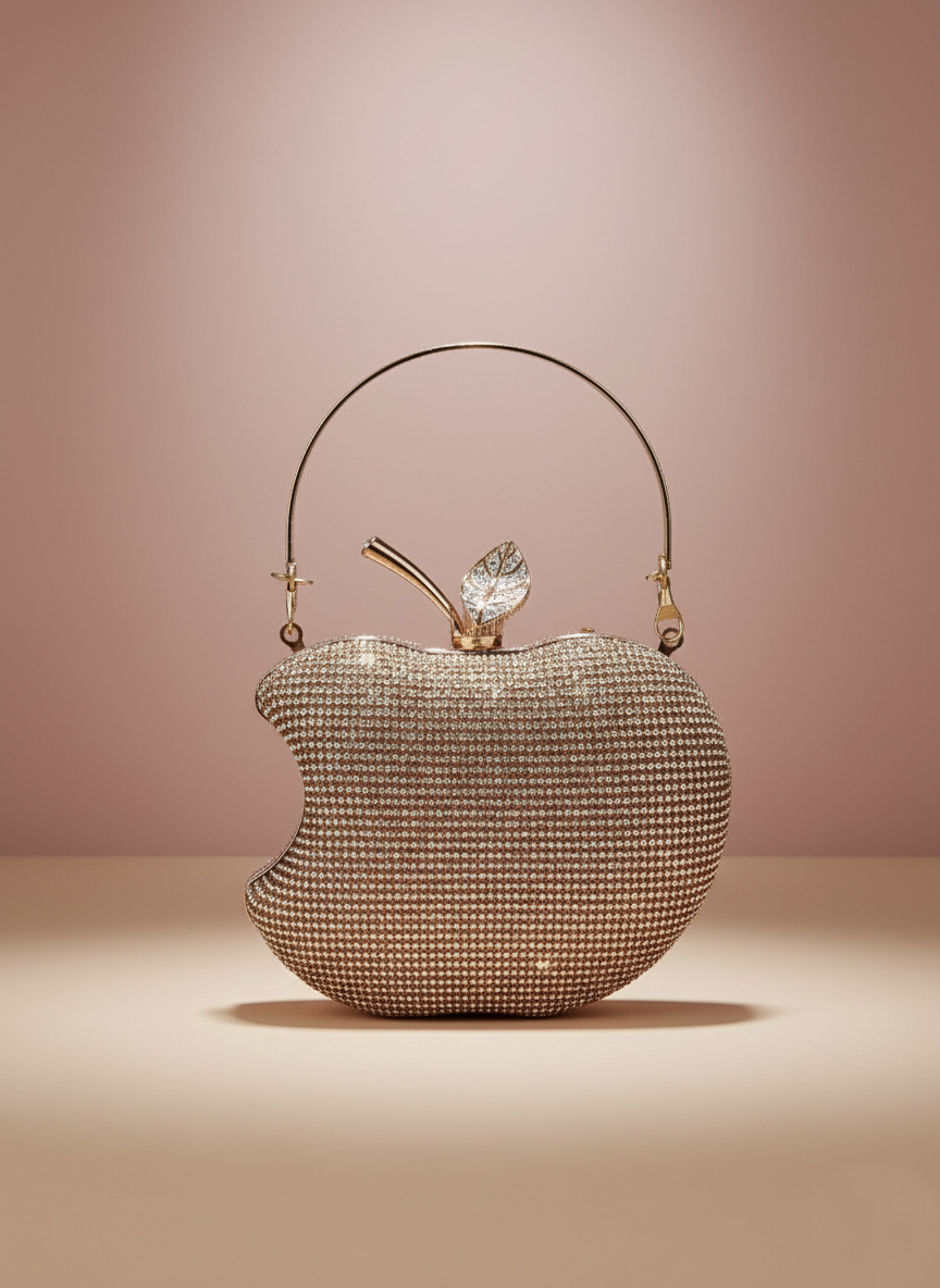 Chic Bite apple-shaped clutch in gold with crystal handle, statement evening bag by The Silken Chic