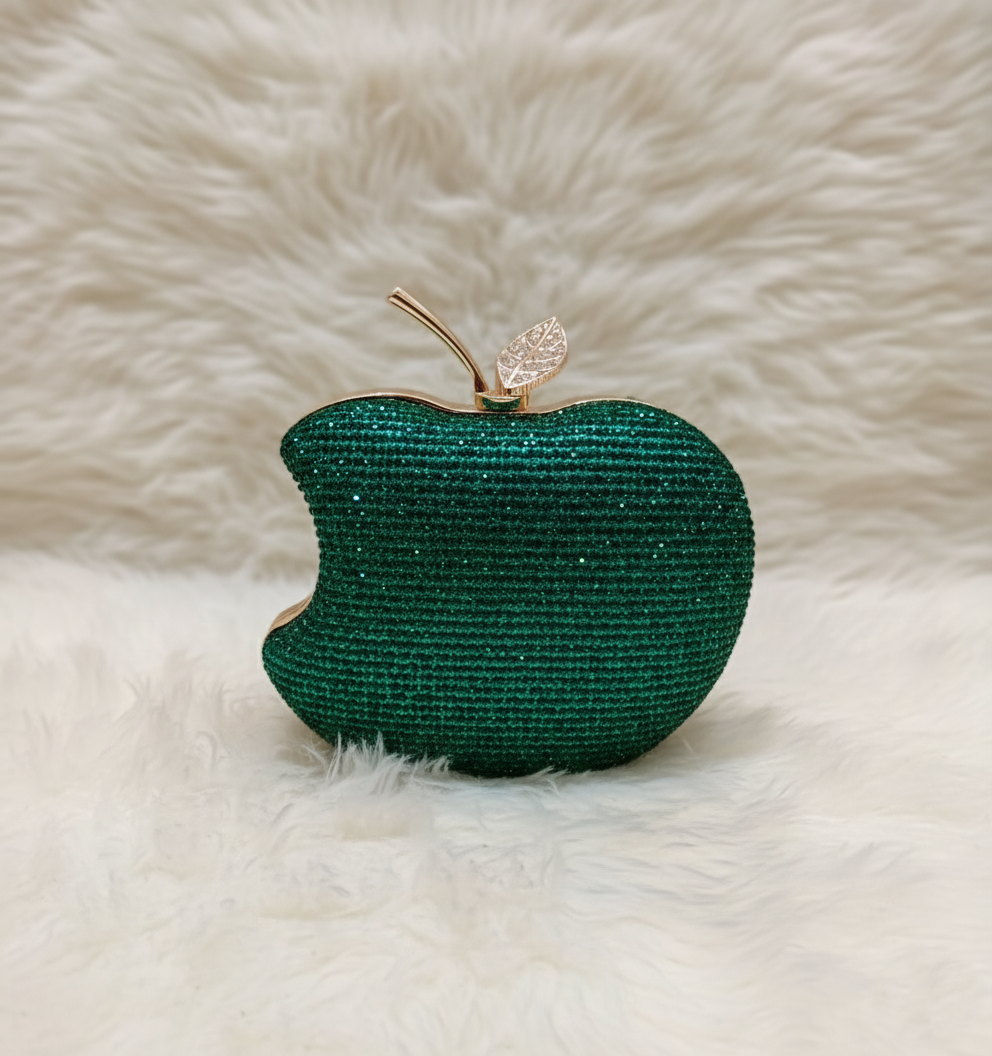 Chic Bite apple-shaped clutch in green with crystal handle, statement wedding clutch by The Silken Chic