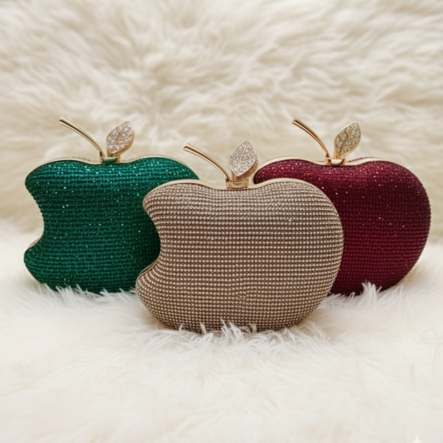 Chic Bite apple-shaped clutch in golden, red & green with crystal handle, statement evening clutch by The Silken Chic