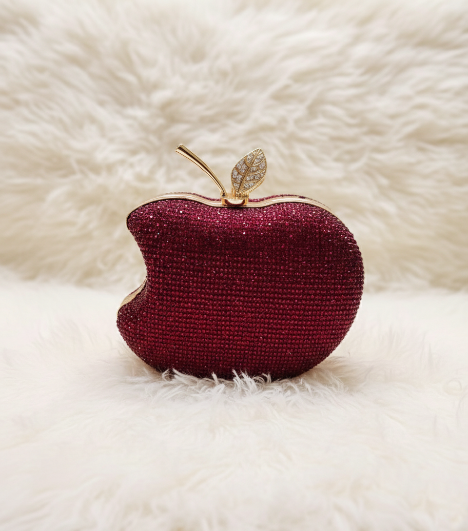 Chic Bite apple-shaped clutch in red with crystal handle, statement evening clutch by The Silken Chic