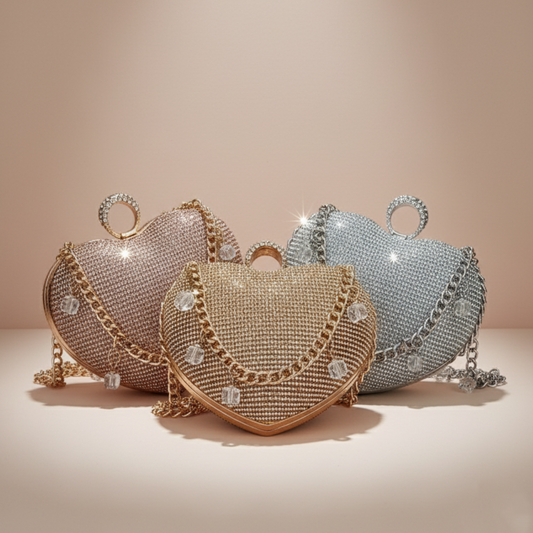 Dil-e-Chic heart-shaped clutch in gold, silver & peach with crystal chain, elegant evening clutch by The Silken Chic