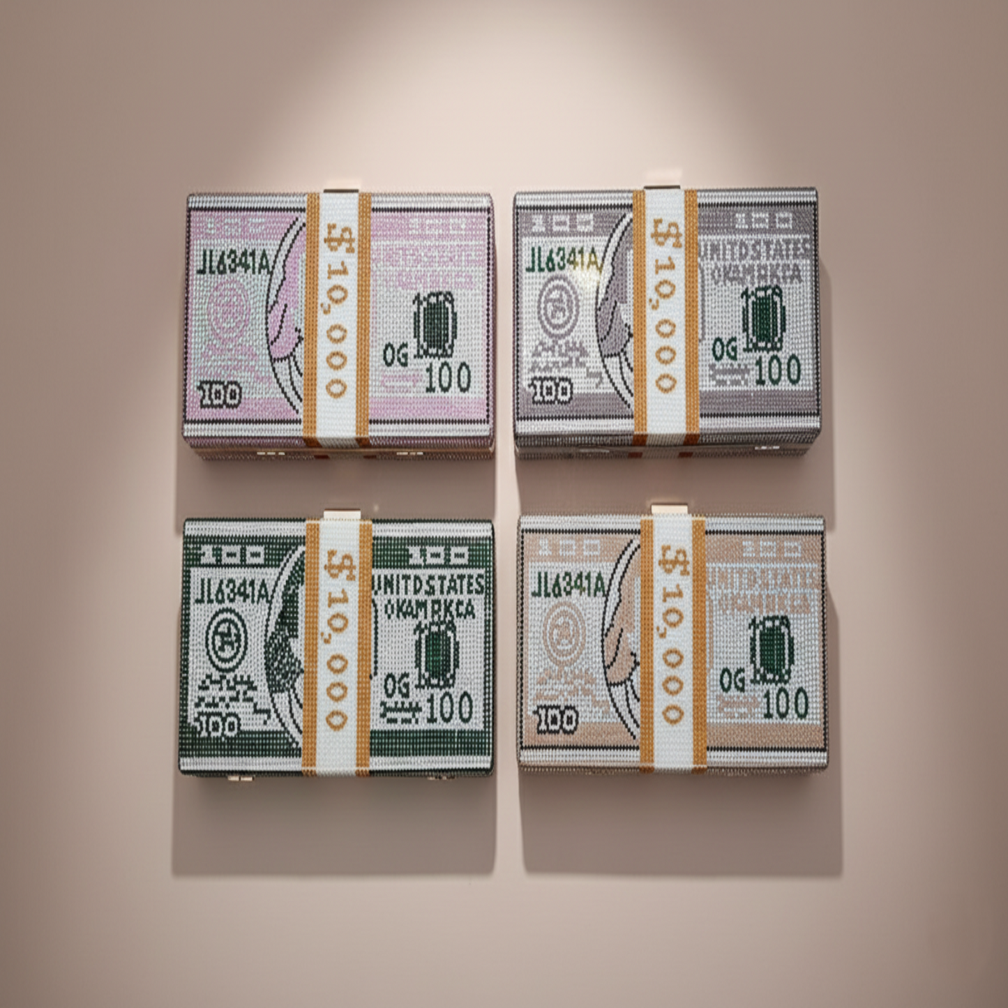 Dollar Chic Clutch in pink, black, green, and golden – luxury crystal evening bags by The Silken Chic.