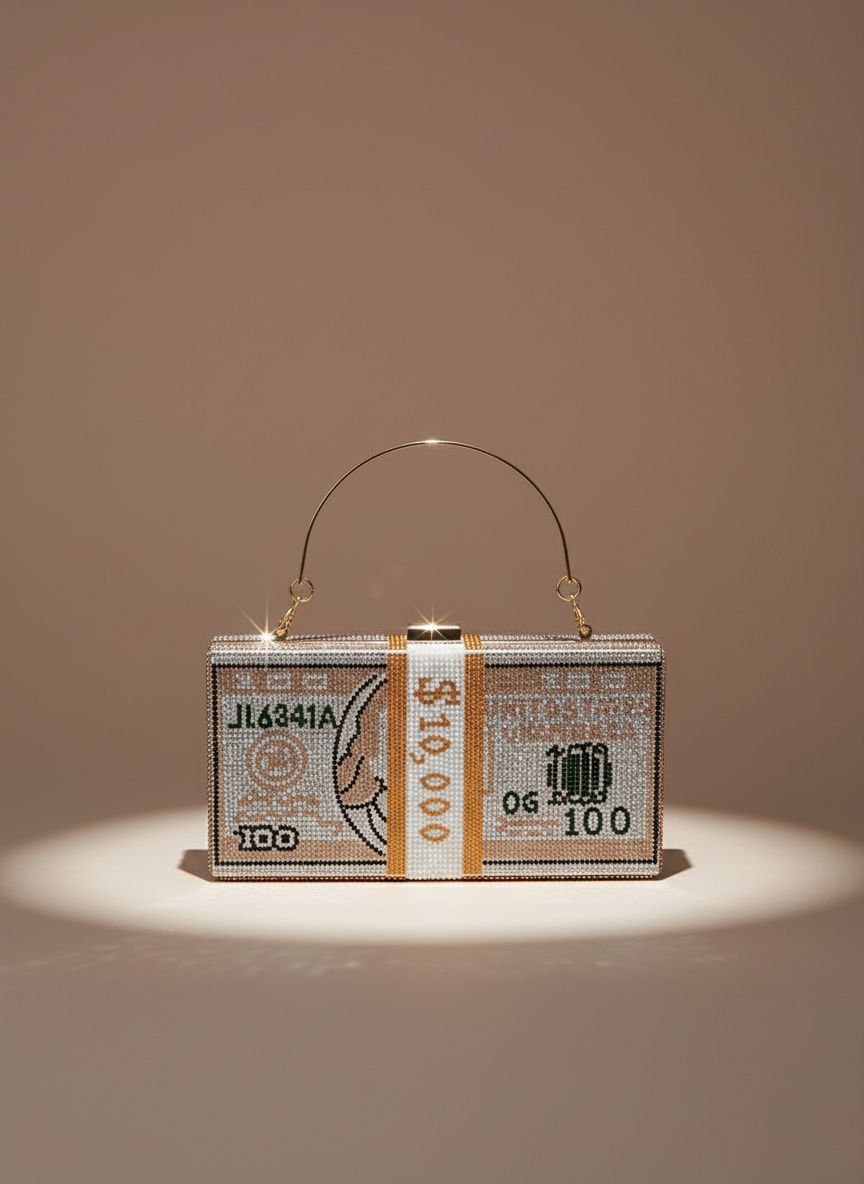 Golden Dollar Chic Clutch – dazzling crystal wedding and party bag by The Silken Chic.