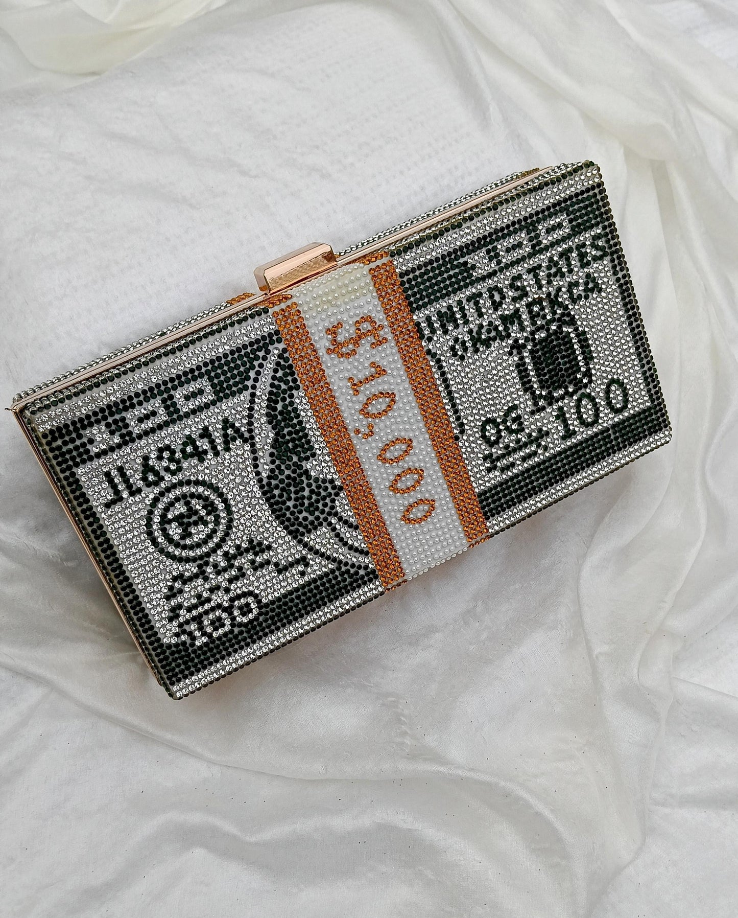 Green Dollar Chic Clutch – sparkling crystal luxury handbag by The Silken Chic.