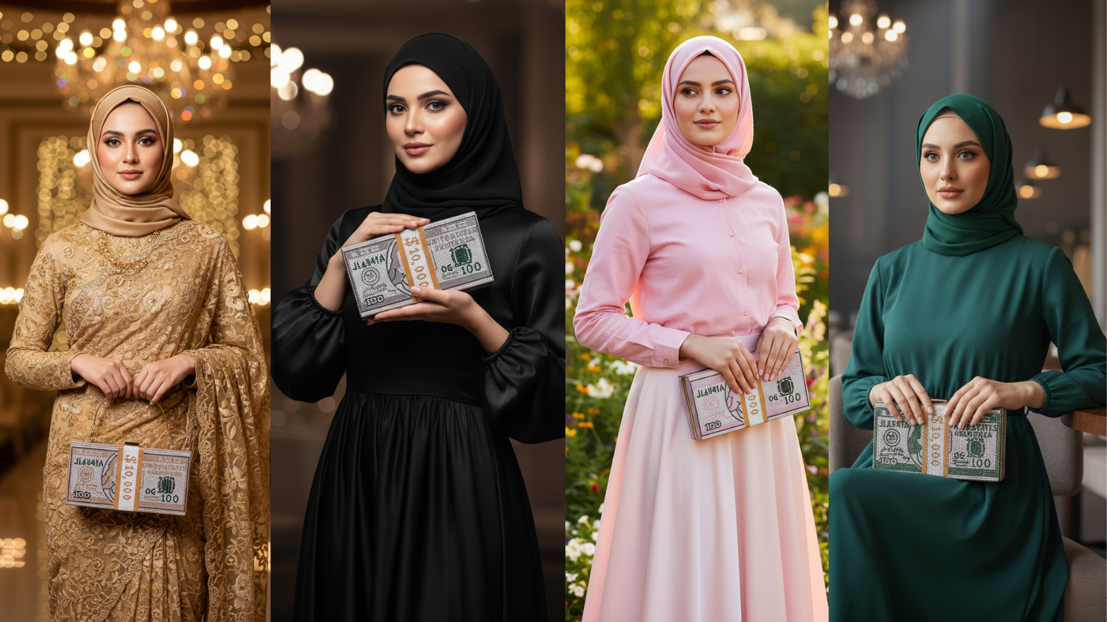 Luxury crystal clutches in gold, black, pink, and green displayed by hijabi models – premium women’s handbags by The Silken Chic