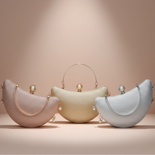 Noor Crescent clutch in gold, silver & pink with elegant half-moon design, wedding or party clutch by The Silken Chic