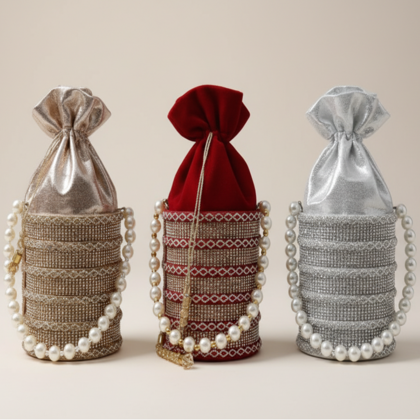 Pearl Chic Potli in golden, red & silver with elegant pearl work by The Silken Chic