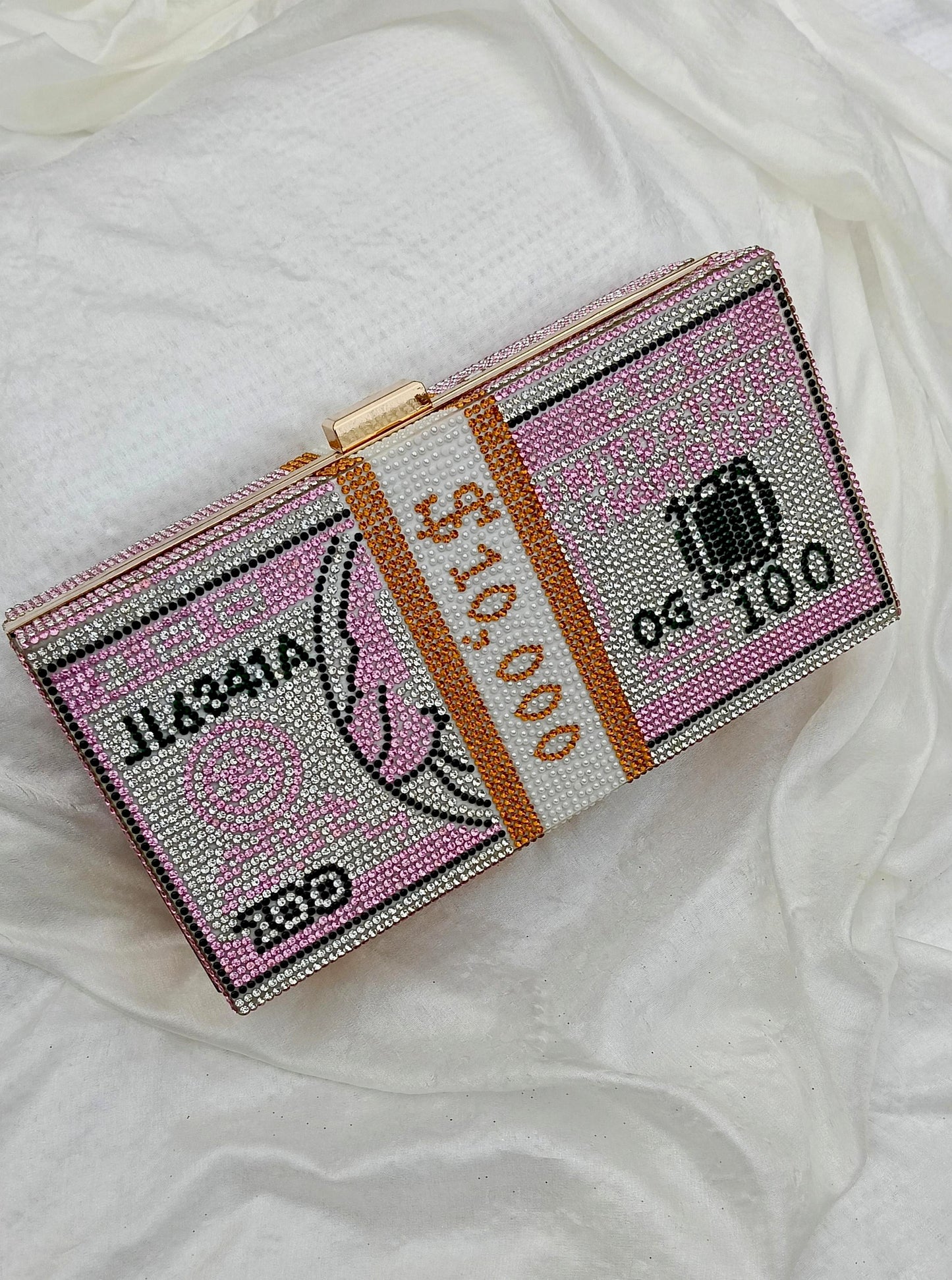 Pink Dollar Chic Clutch with sparkling crystals – luxury evening handbag by The Silken Chic.